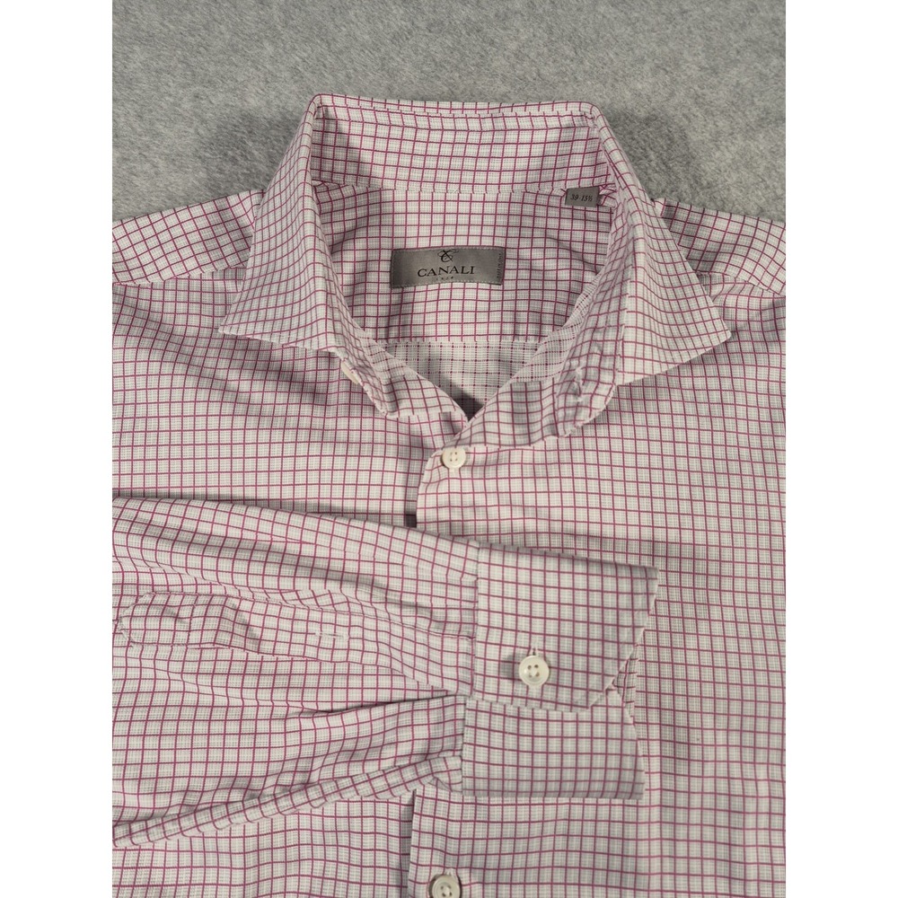 Canali Shirt Mens 39 15.5 White Red Check Long Sleeve Button Down